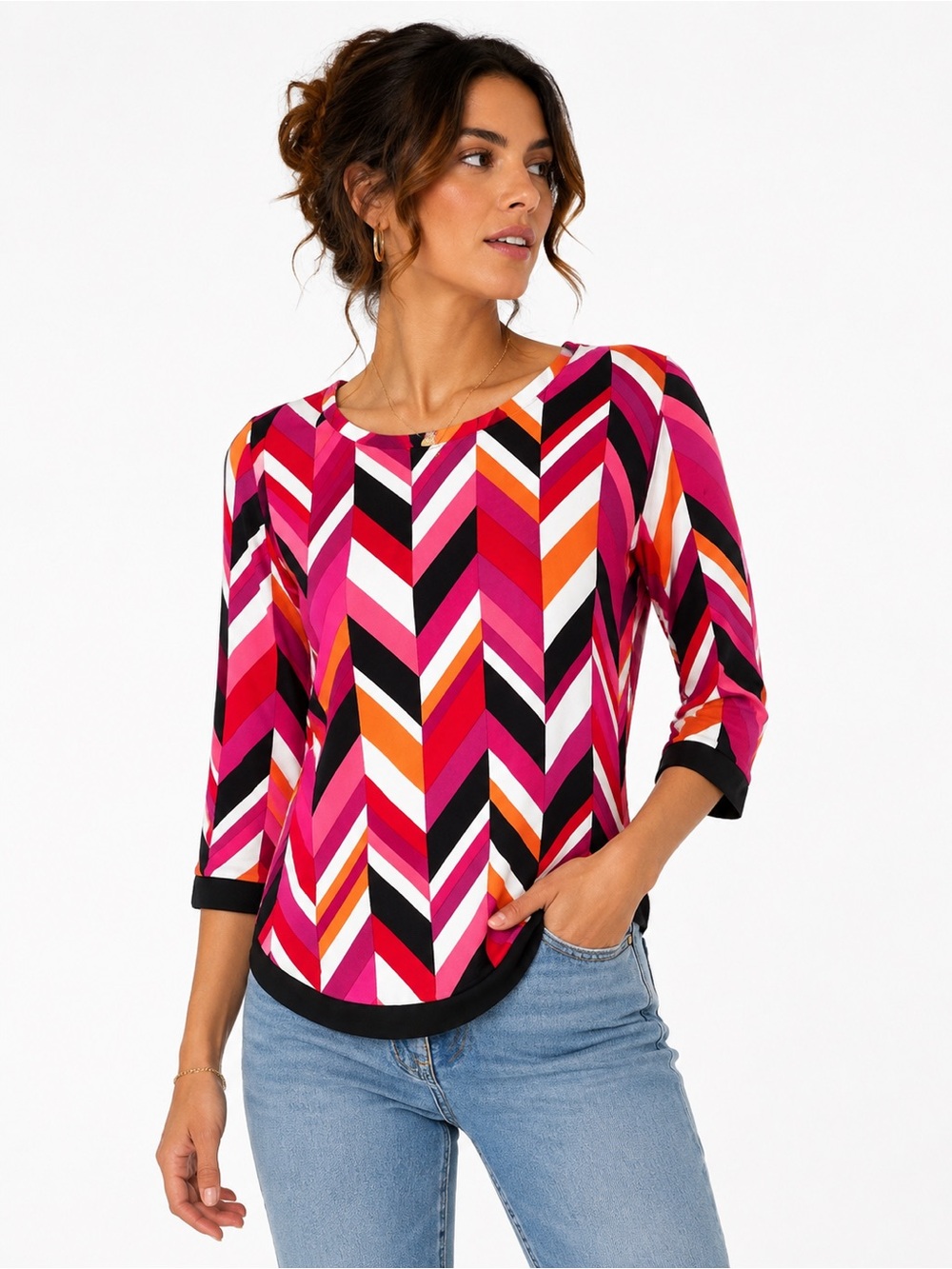 Attitude zigzag multicolored print top,‎ Size XS/S